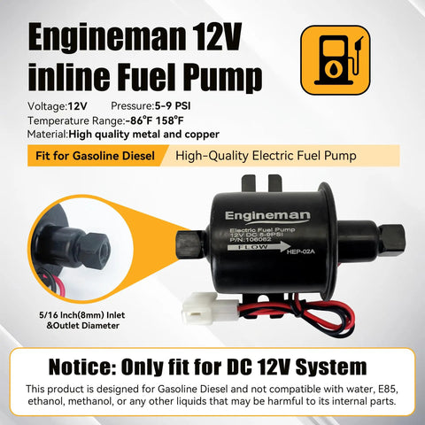 Engineman 12V electric fuel pump with high-quality metal and copper, fits gasoline and diesel systems, visible 5/16 inch inlet diameter.
