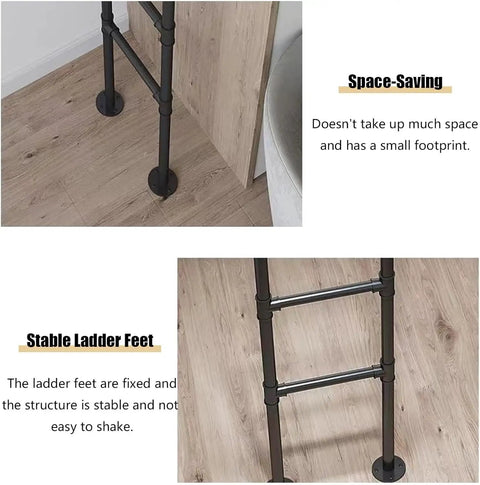 Heavy Duty Iron Bow Bed Ladder With Wide Round Tube Treads Black Wrought Iron Built Tough for Loft and Basement Access.