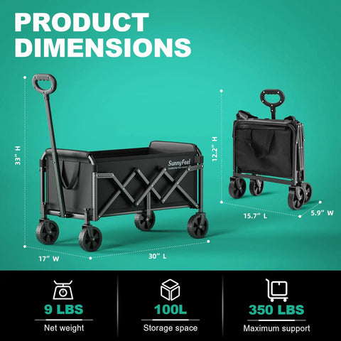 Lightweight Folding Wagon Cart With 350 Lb Capacity For Groceries Camping Gear Garden And Beach Trips Portable Foldable Utility Cart In Black with dimensions and weight
