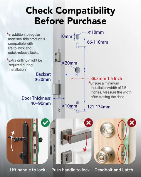 Compatibility guide for Smart Fingerprint Door Lock With Keypad For Front Door, Childproof Deadbolt To Prevent Escape, IC Card Access.