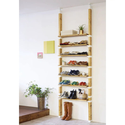 Floor To Ceiling 2 X 4 Mounting Brackets For Heavy Duty Vertical Storage And Diy Wall Shelves Featuring Smooth Sailing Setup And Renter Friendly Design That Shields Drywall While Delivering Knockout Support, showcasing a shoe storage unit.