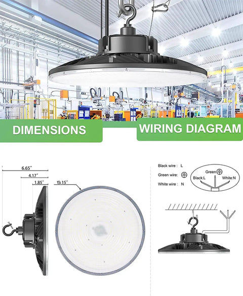 Ultra Bright 300W UFO LED High Bay Light 43500 Lumens 5000K Daylight 0 10V Dimmable IP65 Waterproof dimensions and wiring diagram