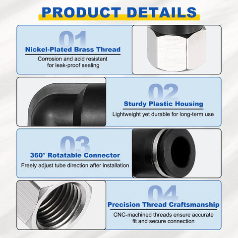 Details of Two Pack 1/2 Inch Tube To 1/8 Inch NPT Nickel Plated Brass 90 Degree Pneumatic Female Elbow Push To Connect Fittings
