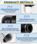 Detailed view of Two Pack Push To Connect Fittings For One Half Inch Tube With One Quarter Inch Npt Nickel Plated Brass 90 Degree Pneumatic Female Elbow Adapter Black For Air Line Quick Connects In Pneumatic Systems featuring nickel-plated brass thread, sturdy plastic housing, 360° rotatable connector, and precision thread craftsmanship.