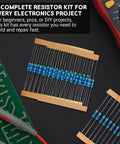 Electronics project setup with 2600 Piece Metal Film Resistor Kit With 130 Values From 1 Ohm To 3 Mega Ohm Quarter Watt Plus Or Minus One Percent Tolerance For DIY Electronics Arduino Projects STEM Learning And Circuit Repair.