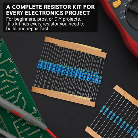 Electronics project setup with 2600 Piece Metal Film Resistor Kit With 130 Values From 1 Ohm To 3 Mega Ohm Quarter Watt Plus Or Minus One Percent Tolerance For DIY Electronics Arduino Projects STEM Learning And Circuit Repair.