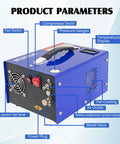 Portable PCP Air Compressor 4500 Psi 30 MPa with labeled features, including fan switch, power plug, and temperature display.