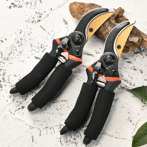 Heavy Duty Pruning Shears With 8.5 Inch Cut Capacity, Rust Resistant Steel Blade, Garden Clippers shown on stone surface
