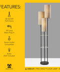 Three Light Floor Lamp With Pull Chain Operation, Two-Tier Storage, Black Base And Brown Textured Fabric Shades, 68 Inches Tall