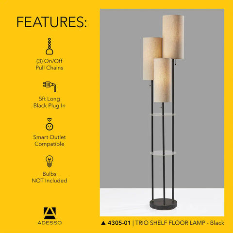 Three Light Floor Lamp With Pull Chain Operation, Two-Tier Storage, Black Base And Brown Textured Fabric Shades, 68 Inches Tall