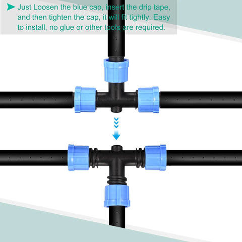 Easy Install T Shape Barbed Tee Fitting For 16mm Drip Irrigation Tubing And Drip Tape Sprinkler System with blue locking caps