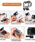 GoPro Hero 9 10 11 12 13 Waterproof Housing Case 60M Dive Shell installation guide steps with protective case and camera.