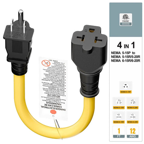 Beefy 12AWG 15A To 20A 125V 250V 4-In-1 AC Power Adapter Cable NEMA 5-15P To 5-15R 5-20R 6-15R 6-20R 1-Foot Heavy-Duty Plug