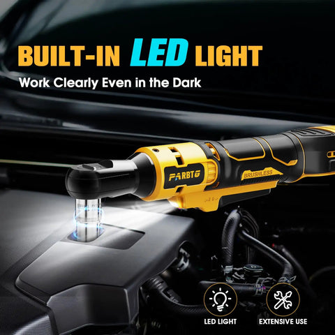 Half Inch Cordless Ratchet Wrench With a Beast Brushless Motor, 100 Nm High Torque, in use under car hood with LED light