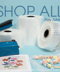 12 Inch Wide By 800 Feet Clear Polyethylene Tubing Roll 2.1 Mil Thick Heavy Duty Plastic Wrap For Shipping Multipurpose Packaging Supplies And Everyday DIY Projects With No Sweat Rollout on display with sealing machine.