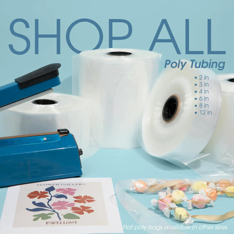 12 Inch Wide By 800 Feet Clear Polyethylene Tubing Roll 2.1 Mil Thick Heavy Duty Plastic Wrap For Shipping Multipurpose Packaging Supplies And Everyday DIY Projects With No Sweat Rollout on display with sealing machine.