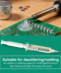 No Clean Solder Flux Paste 10G For Electronics Repair High Activity Rosin Formula That Eats Oxide Push Style Flow For Smoother Solder Low Residue Great For BGA And SMD PCB Work tube and syringe with PCB board.