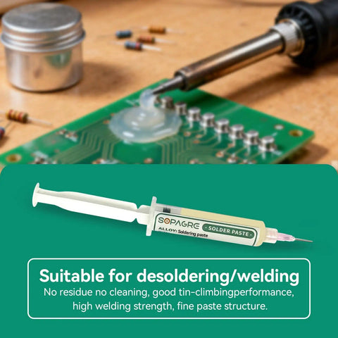No Clean Solder Flux Paste 10G For Electronics Repair High Activity Rosin Formula That Eats Oxide Push Style Flow For Smoother Solder Low Residue Great For BGA And SMD PCB Work tube and syringe with PCB board.