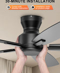 Hands installing Low Profile 52 Inch Ceiling Fan With Remote And App Control No Light Black Finish, Quiet DC Motor near ceiling
