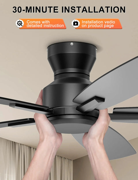 Hands installing Low Profile 52 Inch Ceiling Fan With Remote And App Control No Light Black Finish, Quiet DC Motor near ceiling