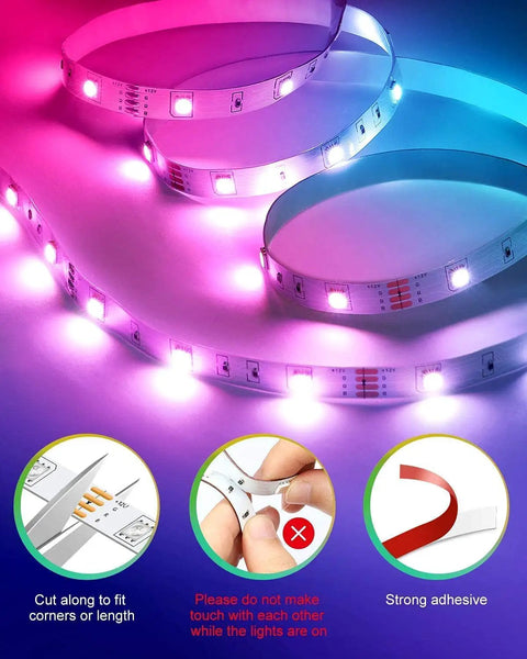 RGB LED Strip Lights 32.8Ft With 5050 LEDs Color Changing Rope Lights shown with adhesive and cutting instructions