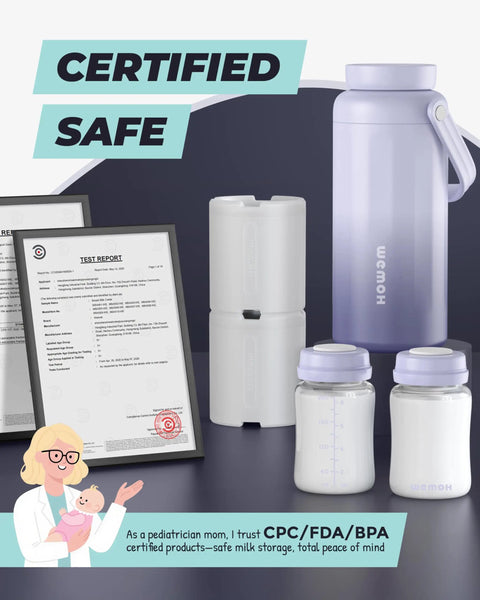 Keep Your Nursing Stash Chill Without Any Stress Using This Leakproof Breast Milk Travel Chiller That Attaches Straight To Pumps And Keeps Fresh Milk Cold All Day Long. Image shows certified safe milk storage products.