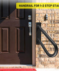 Sturdy 18 Inch Outdoor Stair Handrail For 1 To 2 Steps, Black U Shaped Wall Mount Grab Bar next to a brick wall and door.