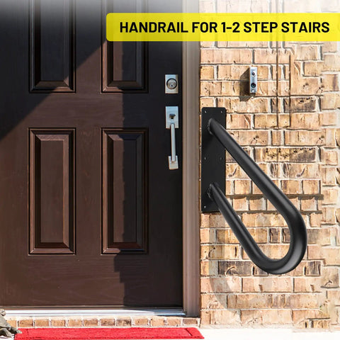 Sturdy 18 Inch Outdoor Stair Handrail For 1 To 2 Steps, Black U Shaped Wall Mount Grab Bar next to a brick wall and door.