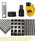 Pro Grade Oval Hole Punch Die Set 10.5x22mm For CH-70/L Hydraulic Puncher, showing dies and punched metal samples
