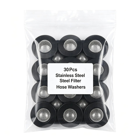30 Pack Heavy Duty Stainless Steel Hose Filter Washers With Built‑In Strainer Screen For 3/4 Inch Garden And Shower Hoses To Block Debris Clogging And Keep Water Flowing Smooth For Quick Repair Jobs, 30 pcs bag