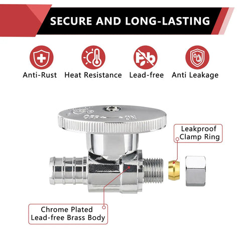 Pack Of Ten Quarter Turn Straight Stop Valves For PEX Tubing Three Eighths Inch OD Compression To One Half Inch Crimp Barb Brass Chrome Lead Free, chrome plated valve with leakproof clamp ring and anti-rust features.
