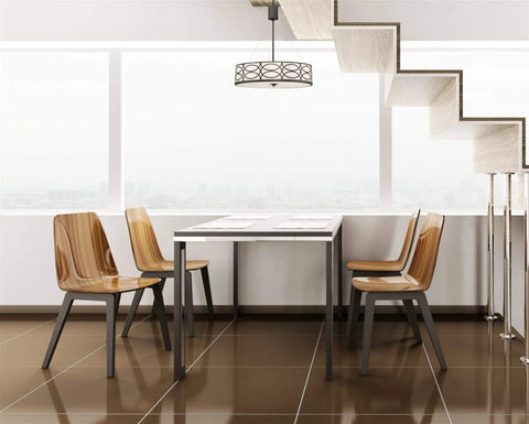 Room with Dope 18 Inch 3 Light Metal Drum Chandelier With Glass Diffuser In Oil Rubbed Bronze Finish above dining table and chairs