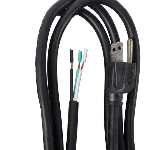 Close-up of a 3 Foot 16 AWG 3 Wire Appliance and Power Tool Cord with U Ground NEMA 5-15 for outdoor use, showing plug and wire ends.