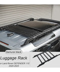 Heavy Duty Aero Roof Rack Built For Land Rover Defender 110 Crews near samurai black finish on vehicle roof for secure gear hauling.