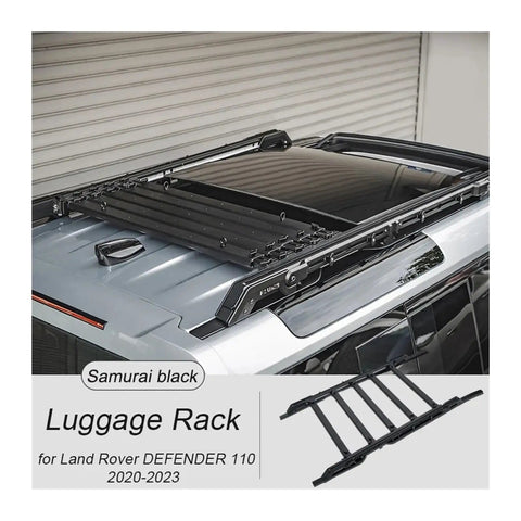 Heavy Duty Aero Roof Rack Built For Land Rover Defender 110 Crews near samurai black finish on vehicle roof for secure gear hauling.