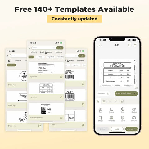 Slick Wireless Bluetooth Label Maker With Smooth Wide Format Printing And Included Tape Roll For No Fuss Home Organization Small Biz Branding And School Supplies, showcasing app interface with templates.
