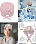 Teeth Print Stethoscope Scrubs Set for Women in Pink, 3-Piece Medical Uniform with cap details and professional use
