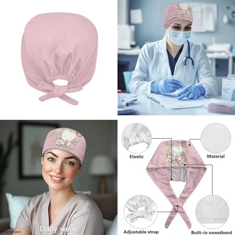 Teeth Print Stethoscope Scrubs Set for Women in Pink, 3-Piece Medical Uniform with cap details and professional use