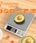 Digital Kitchen Scale With 0.1g Precision And Seven Unit Conversions in g gn ct ml fl oz oz lb auto off after 180 seconds tare function easy read LCD display with avocado on platform