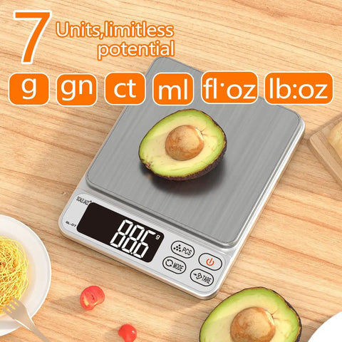 Digital Kitchen Scale With 0.1g Precision And Seven Unit Conversions in g gn ct ml fl oz oz lb auto off after 180 seconds tare function easy read LCD display with avocado on platform
