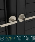 Rock Solid Satin Nickel Dummy Lever Door Handle Set For Closets Or French Doors With Plug And Play Hardware And Hassle Free Install Total Breeze Two Pack Single Sided Design, close-up view of handles.