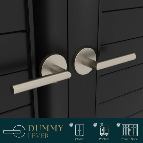 Rock Solid Satin Nickel Dummy Lever Door Handle Set For Closets Or French Doors With Plug And Play Hardware And Hassle Free Install Total Breeze Two Pack Single Sided Design, close-up view of handles.