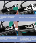 Four-step guide to using the Pro Grade 210 Precision Soldering Station with Fast Heat Up, showing tip alignment process.