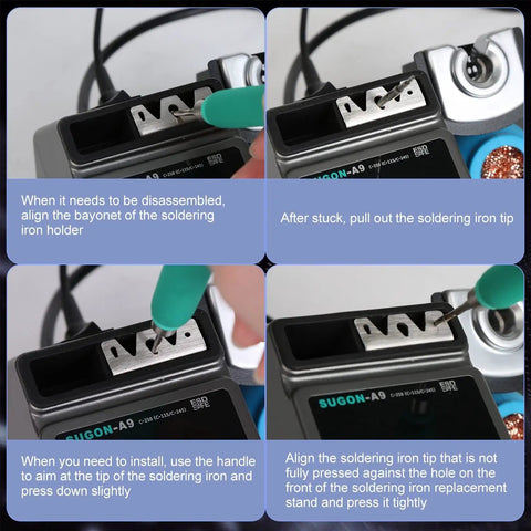 Four-step guide to using the Pro Grade 210 Precision Soldering Station with Fast Heat Up, showing tip alignment process.