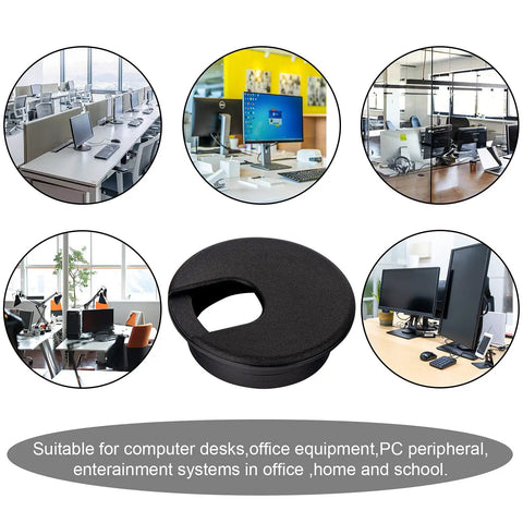 20 Pack 2 Inch Round Plastic Desk Grommets Black Cable Hole Covers PC Desk Cables Wire Management Office Desks TV Stands Tabletops Durable Pro Grade Easy Install shown on office desks