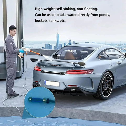 Man using a pressure washer to clean a car with a Brass Heavy Duty Inlet Filter For Hose With Three Quarter Inch And One Half Inch Barbs