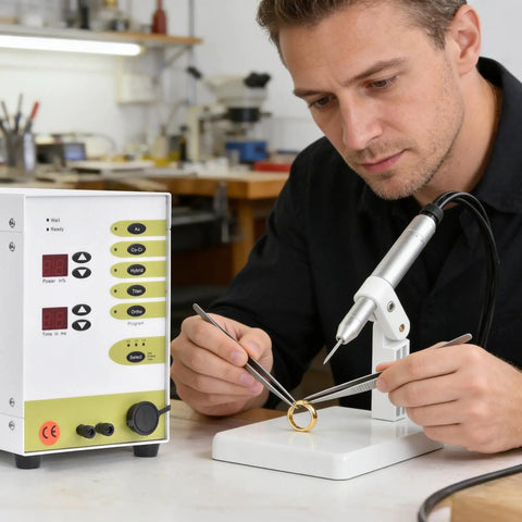Man using Pulse Arc Welder Kit for Permanent Jewelry 100A 110V DIY Jewelry Bonding Machine for seamless connections
