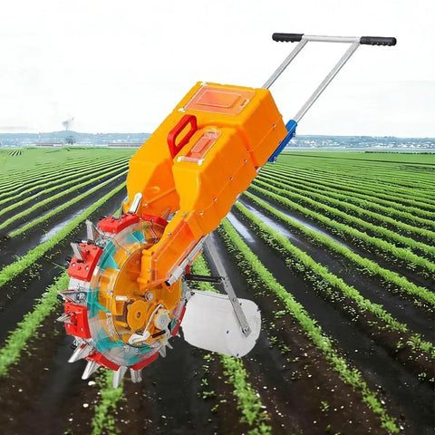 Walk-Behind Seed Spreader For Lawn And Farm No-Fuss Manual Push Roller Seeder With Dual 5-Hole Sowing, orange tool in field