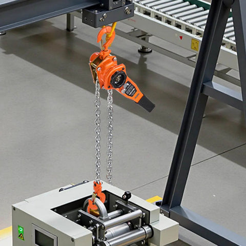 1 Ton Lever Chain Hoist With 10 Ft Lift G80 Chain Dual Pawl Mechanical Brake 360 Degree Hooks in a warehouse setup