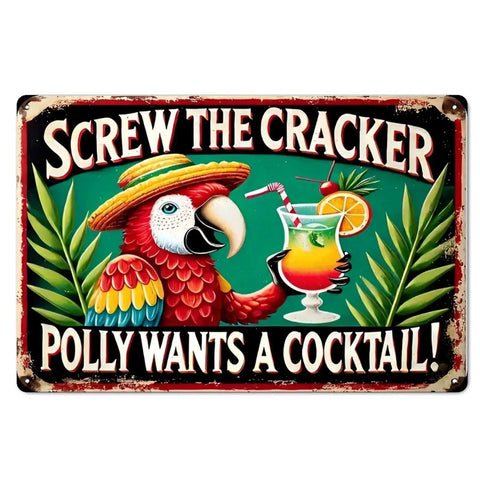Totally Rad Tropical Bird Cocktail Sign With Rust Resistant Aluminum Metal Wall Art and Vintage Indoor Outdoor Bar Decor for Home Cafe Office Yard Garden Featuring Badass Edge To Edge Print Quality, featuring colorful parrot and cocktail.